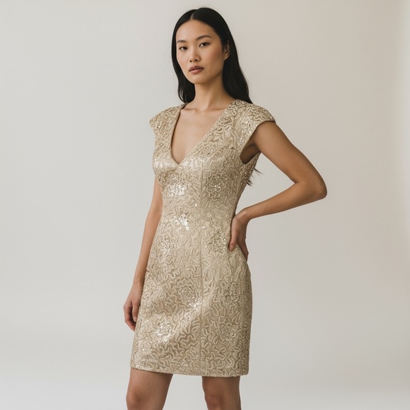 Sue Wong Dresses & Skirts - Sue Wong Nocturne Cocktail Sheath Dress Floral Embroidered Sheer Sleeve